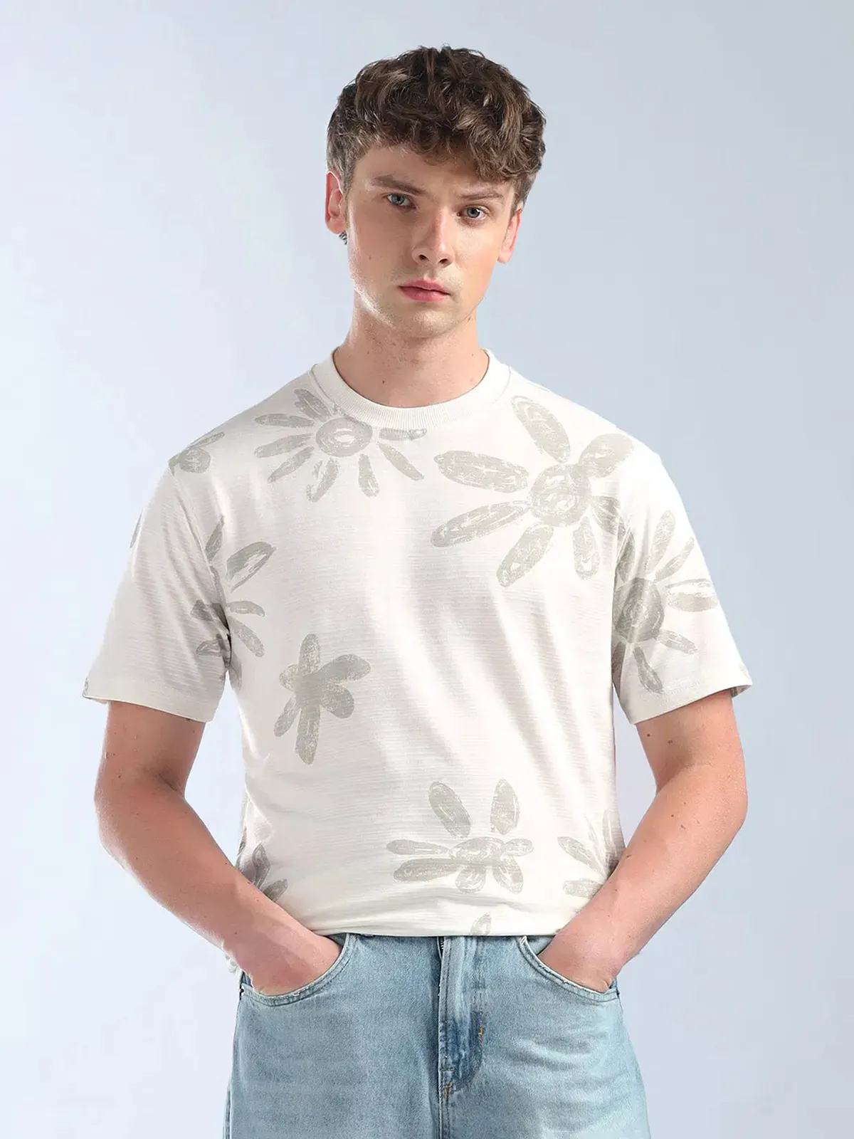 FLYING MACHINE beige classic printed slim fit t-shirt