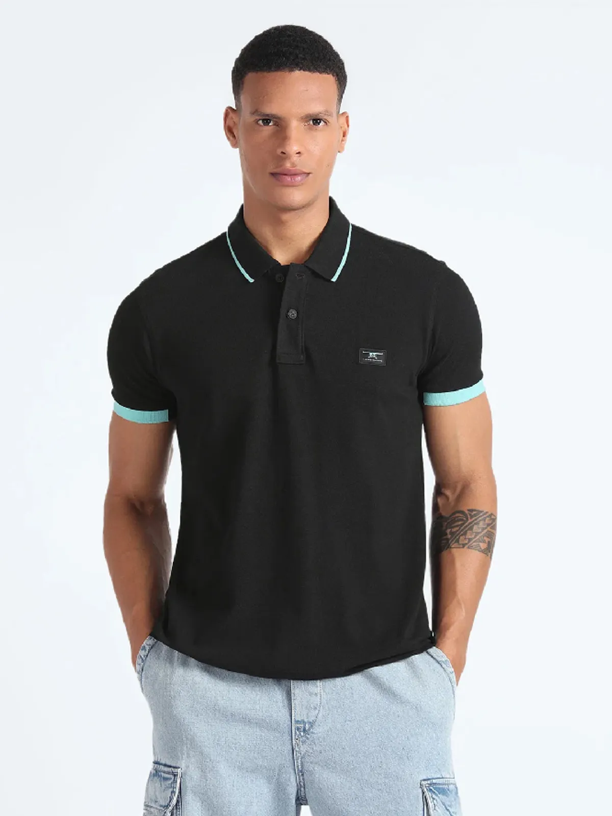 Flying Machine black plain polo t-shirt