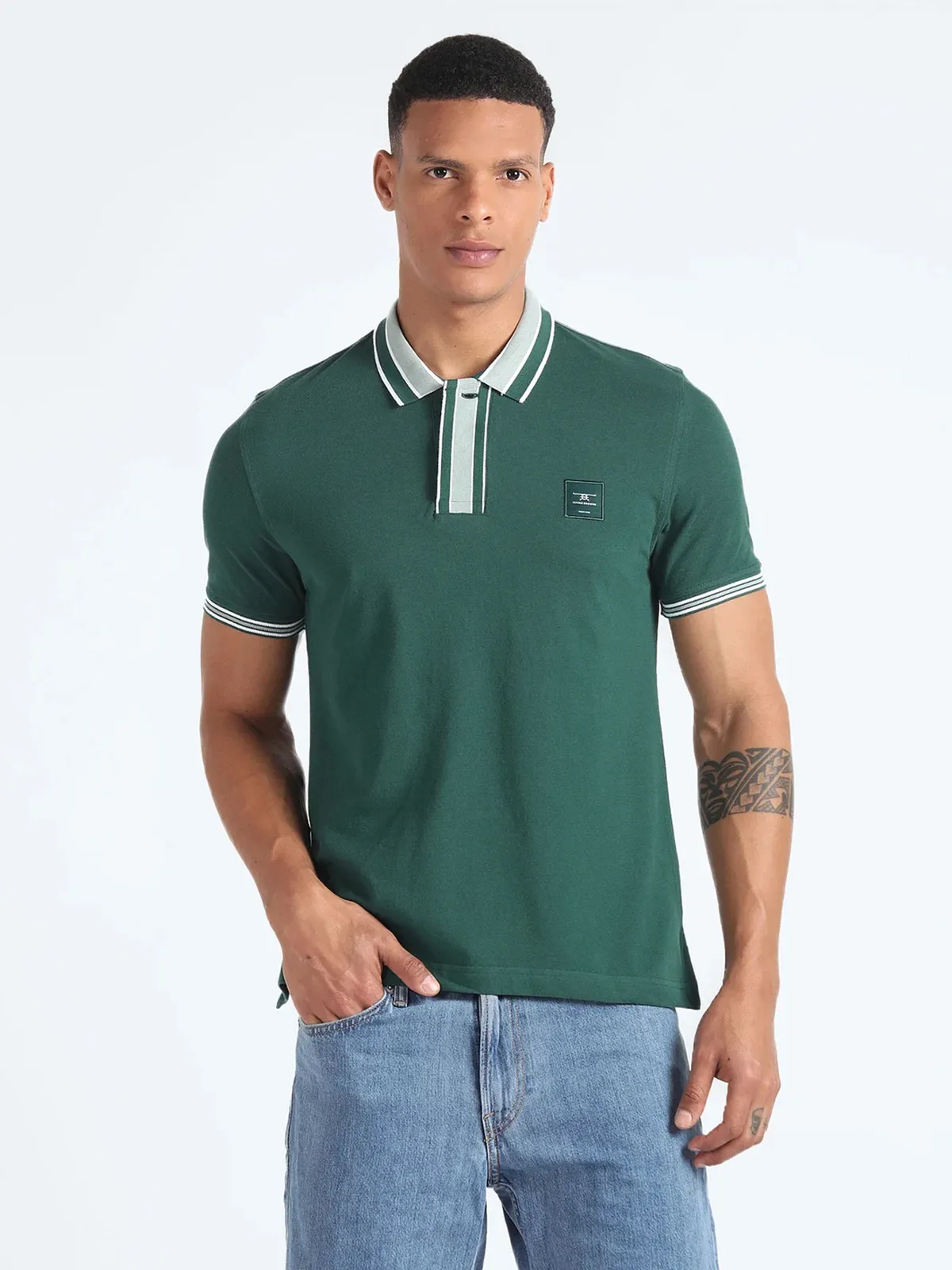 Flying Machine dark green plain polo t-shirt