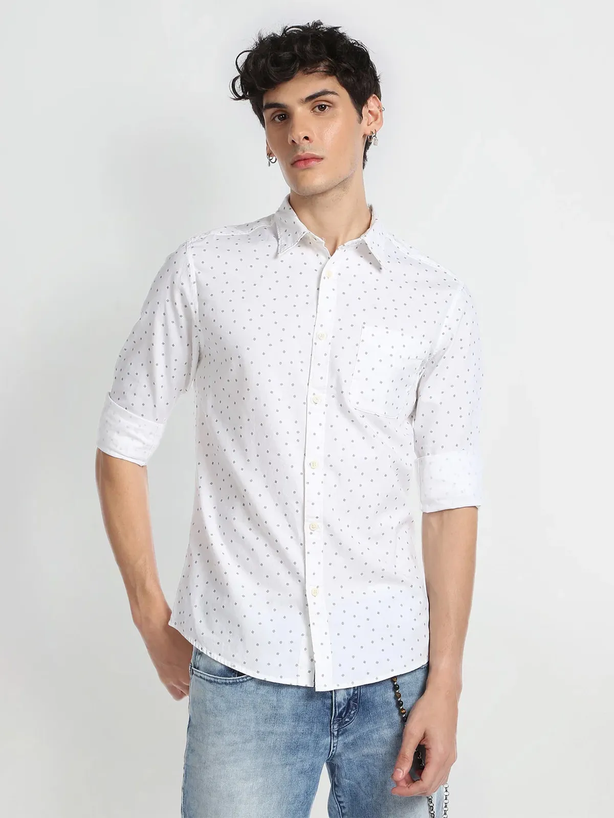 Flying Machine printed cotton white shirt