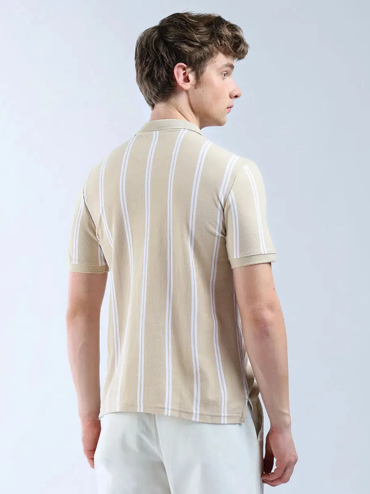 FLYING MACHINE striped beige cotton polo t-shirt