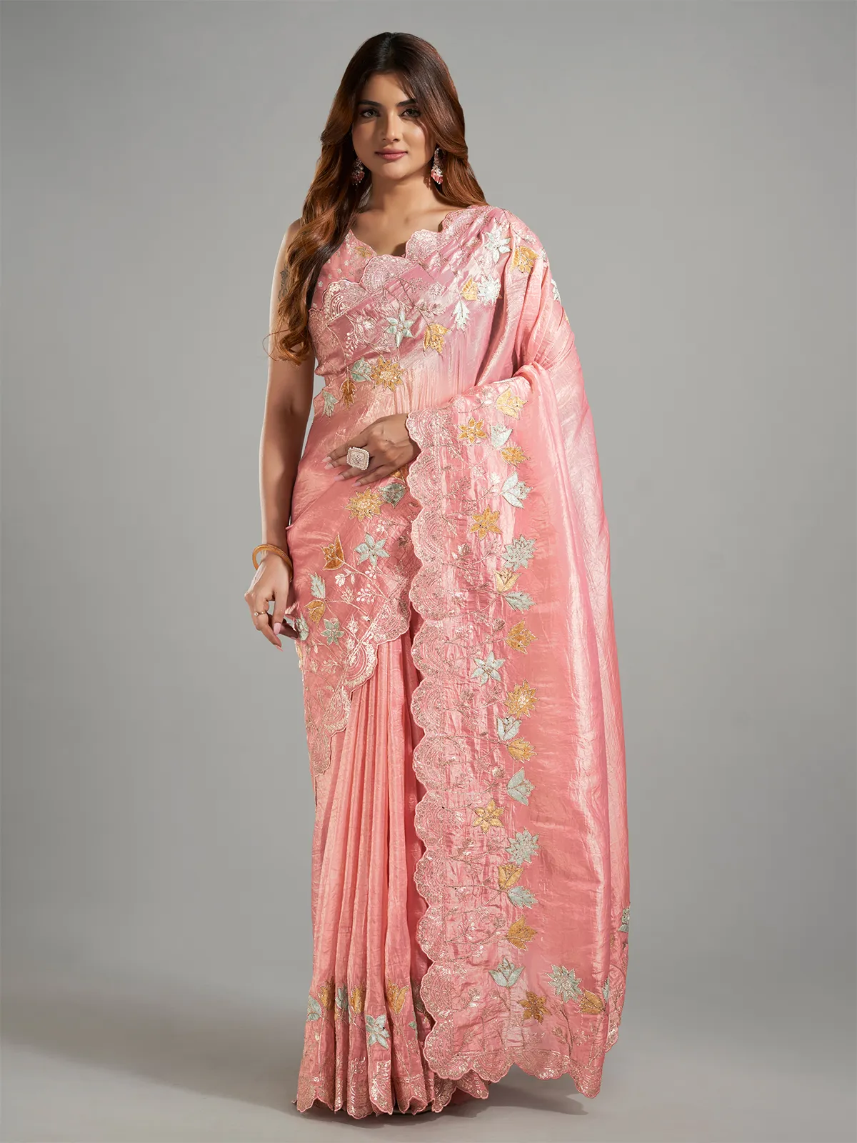 Fusion peach tissue silk saree