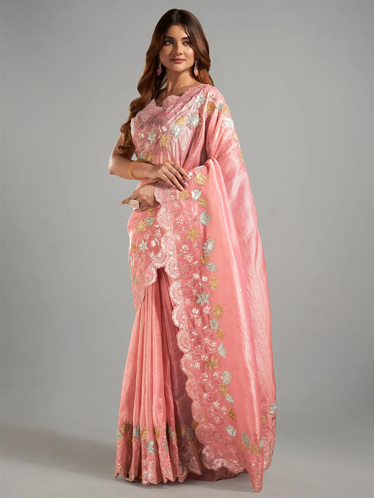 Fusion peach tissue silk saree