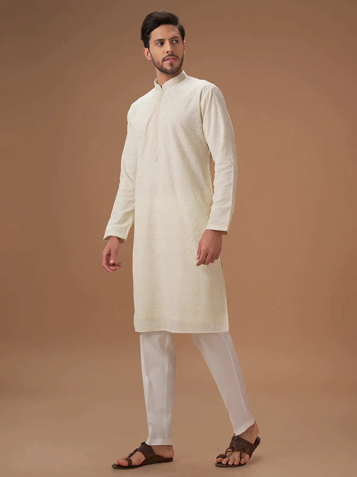 Georgette cream embroidery  Men Kurta pajama