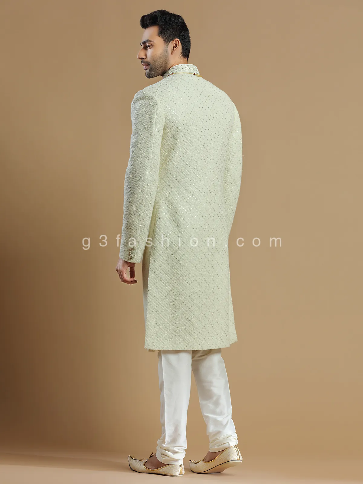 Georgette fabric pista green hue sherwani for groom