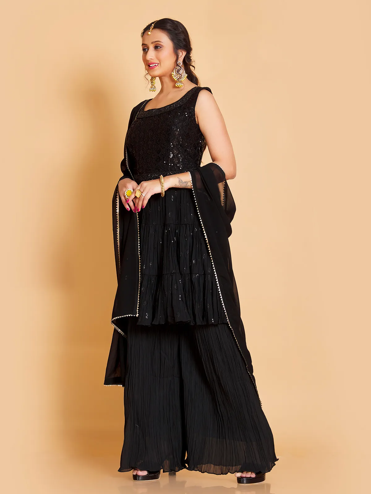 Georgette festive sharara suit in black