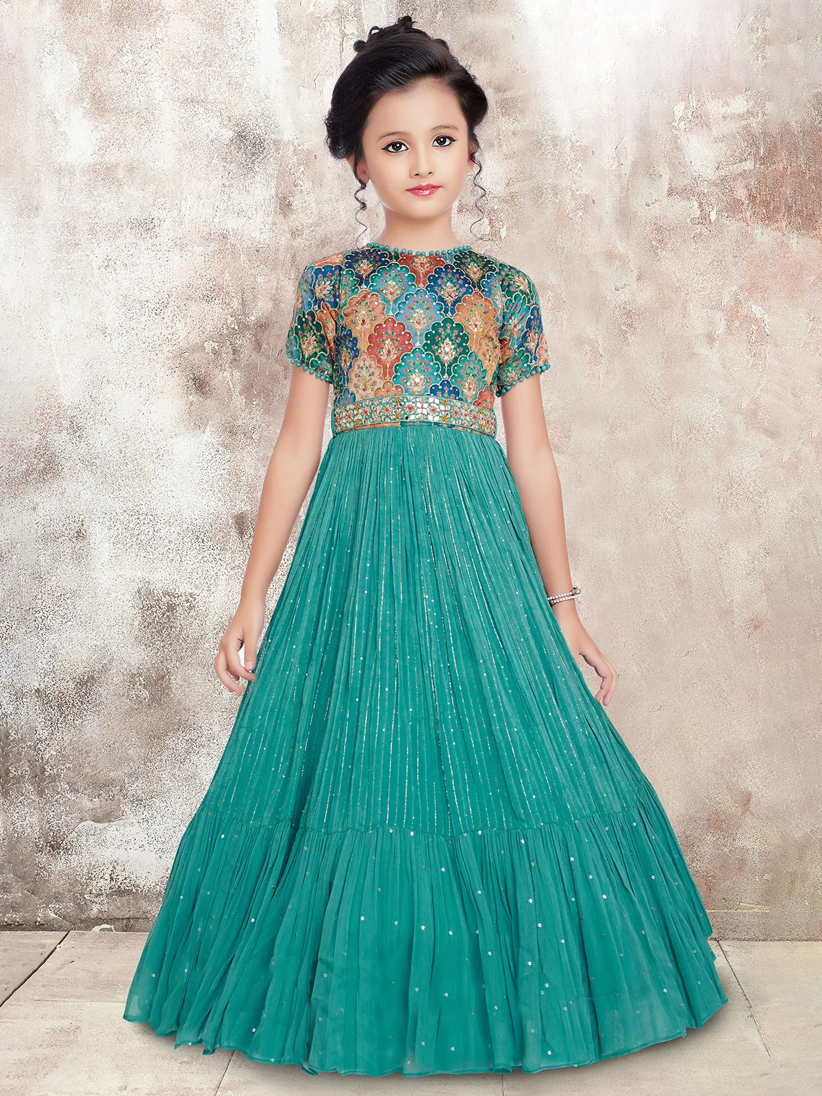 Georgette floor length aqua wedding and reception gown