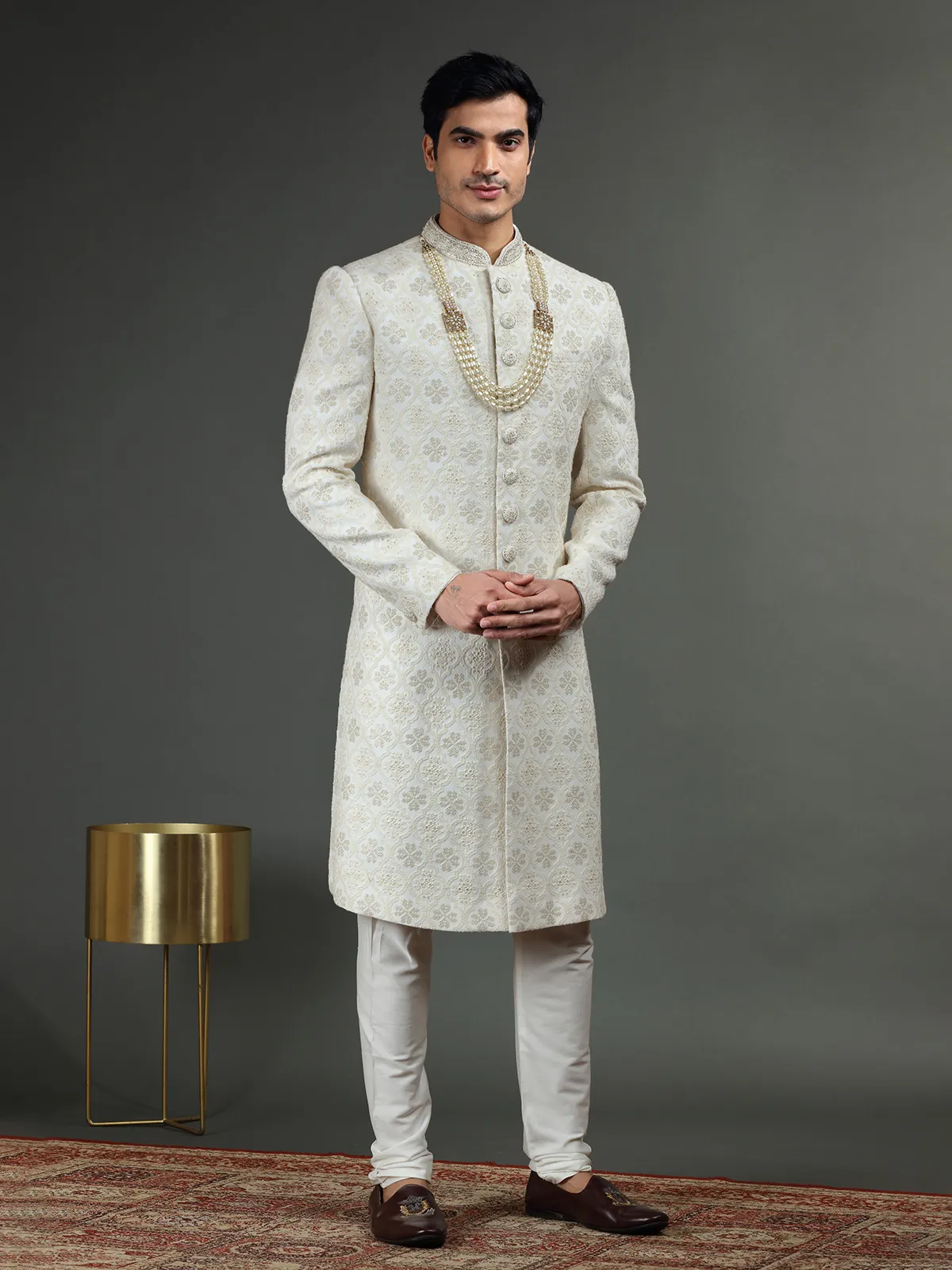 Georgette groom sherwani in white