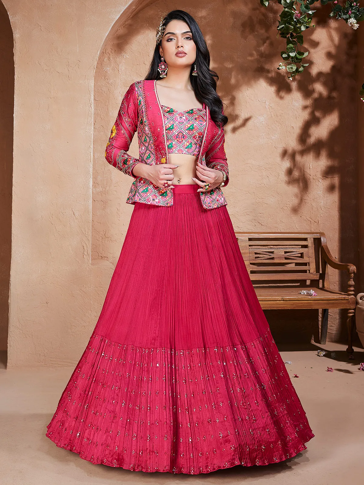 Georgette jacket style lehenga choli in magenta