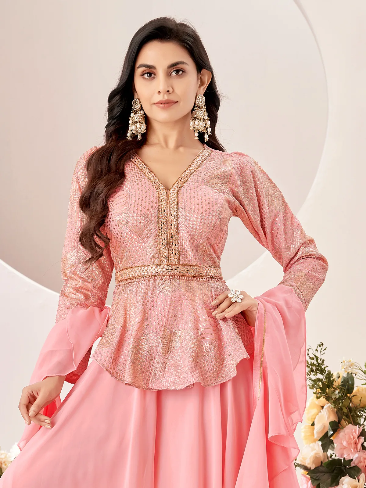 Georgette light pink palazzo suit with dupatta