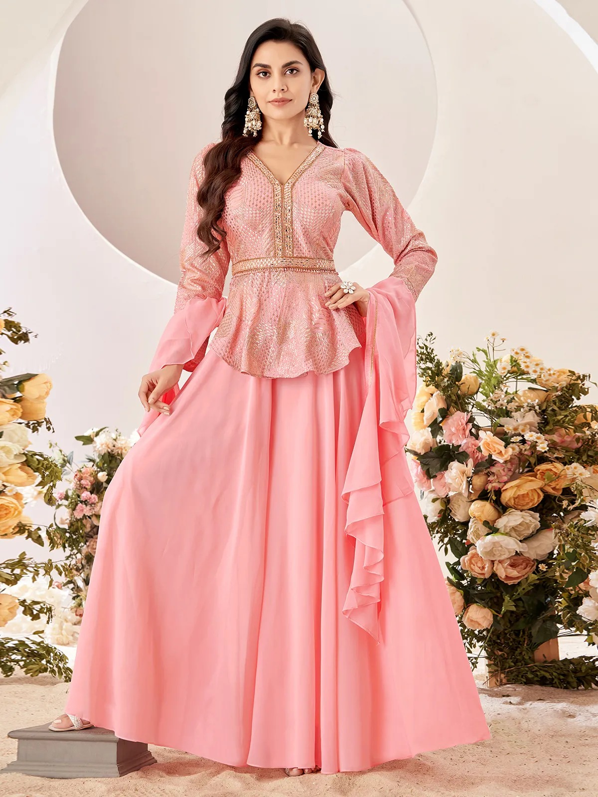 Georgette light pink palazzo suit with dupatta