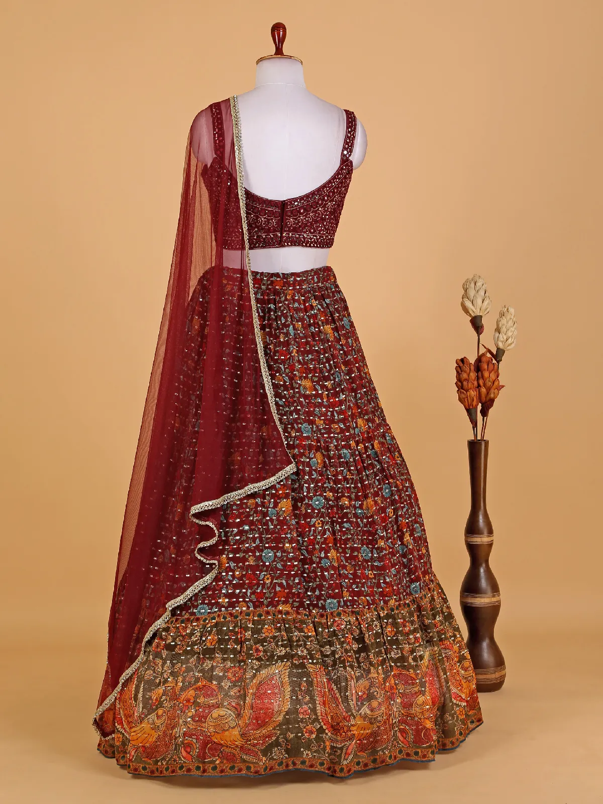 Georgette maroon floral printed lehenga choli