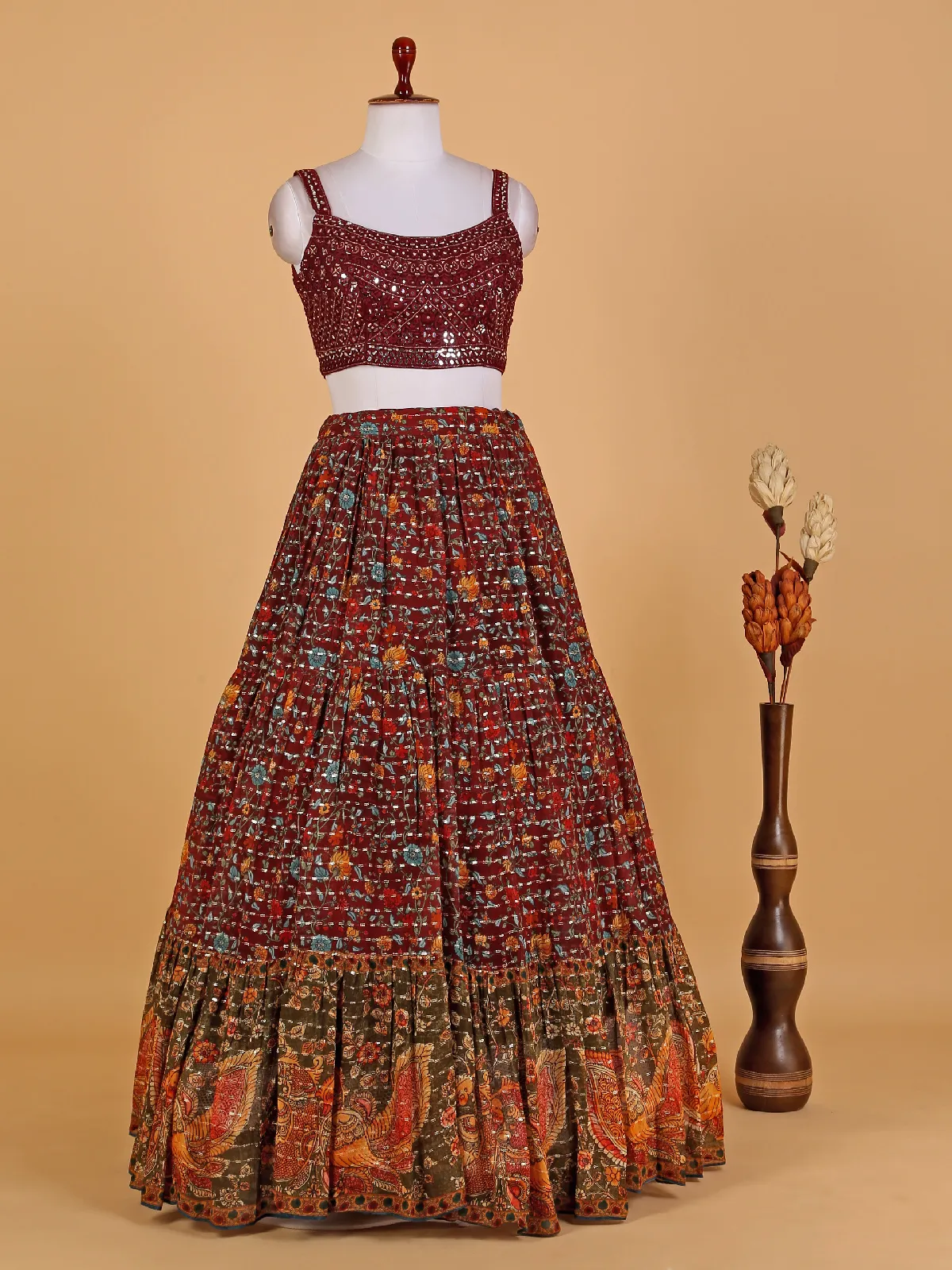 Georgette maroon floral printed lehenga choli