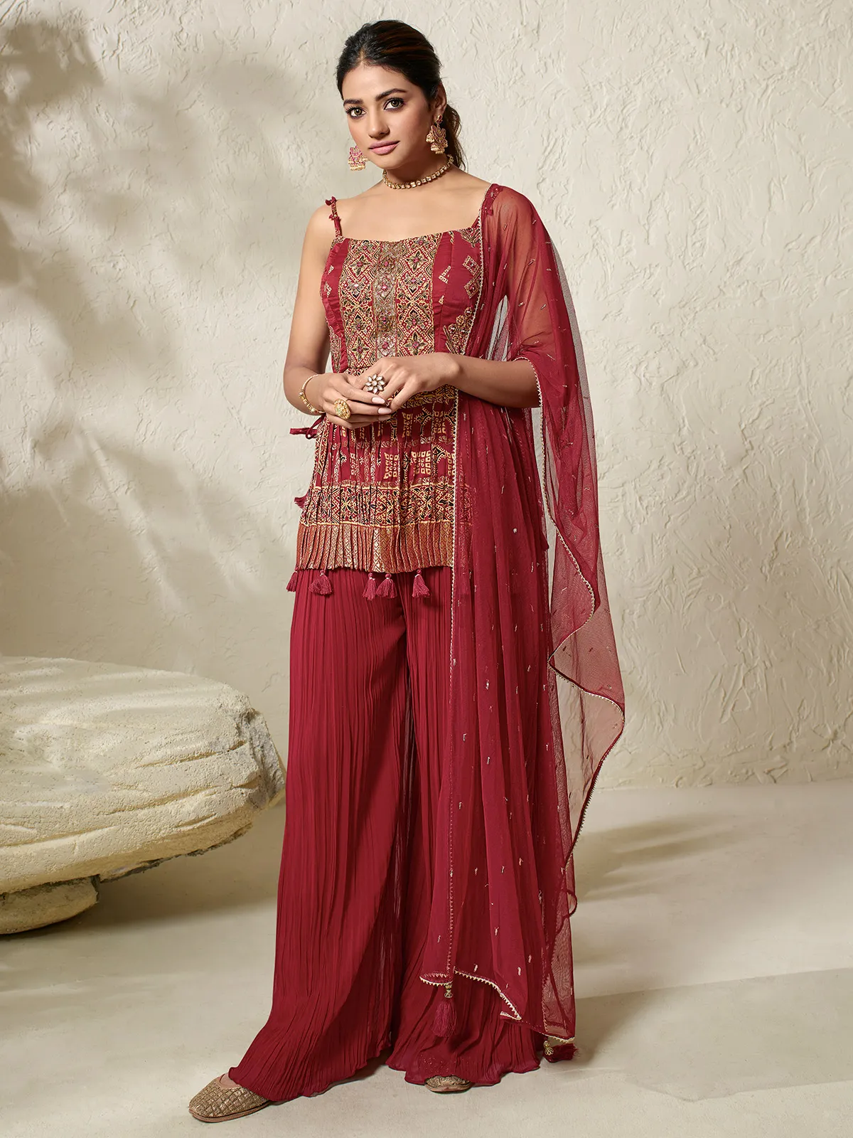 Georgette maroon printed palazzo suit