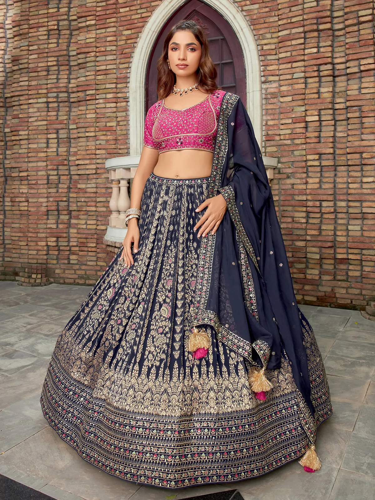 Georgette navy and magenta lehenga choli