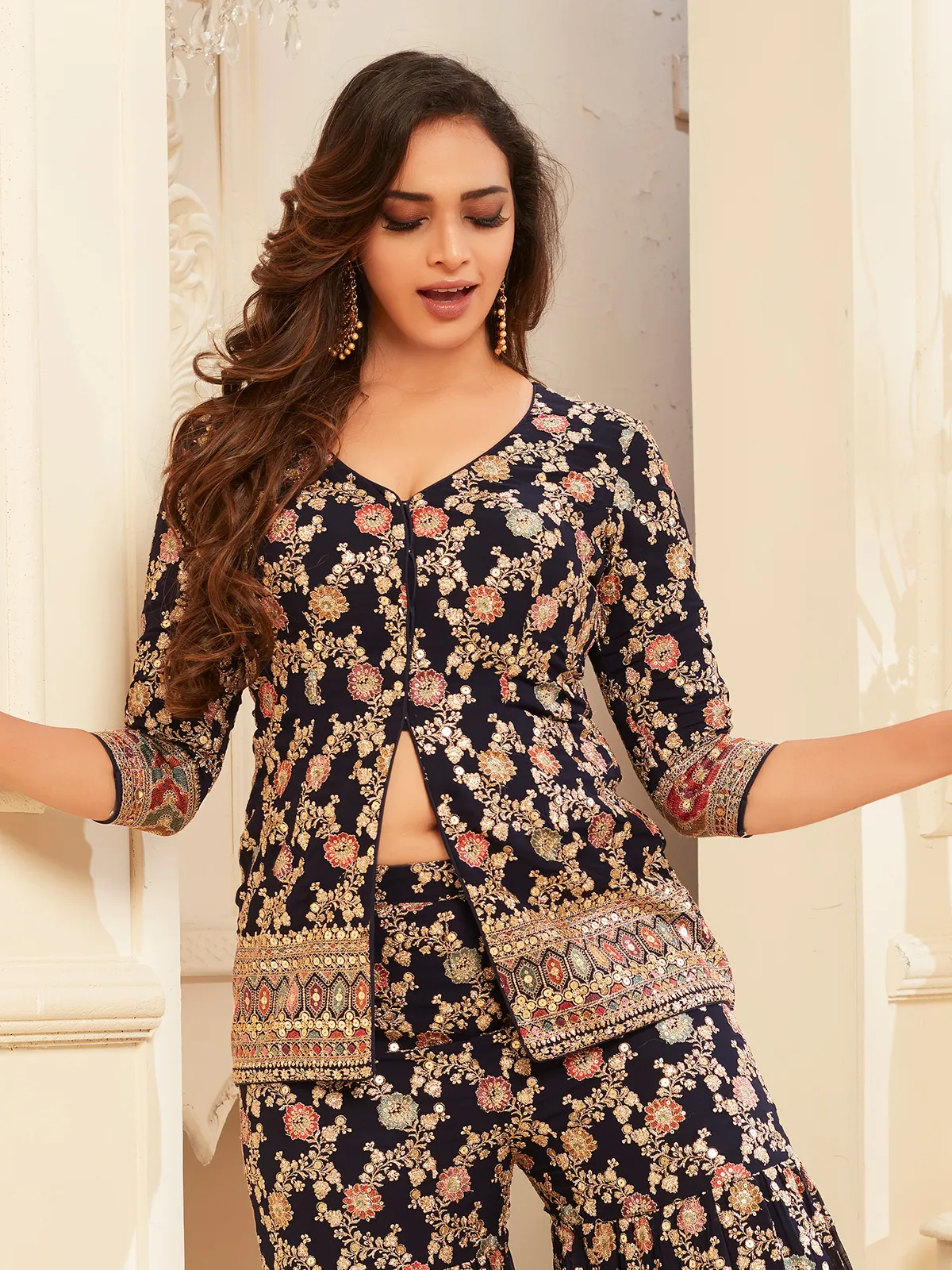 Georgette navy embroidery sharara suit