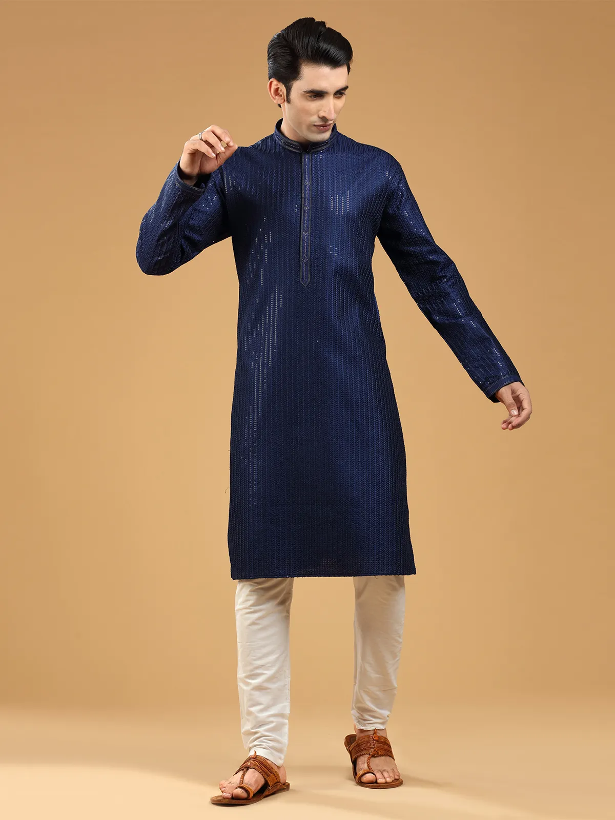 Georgette navy  Men Kurta pajama with embroidery