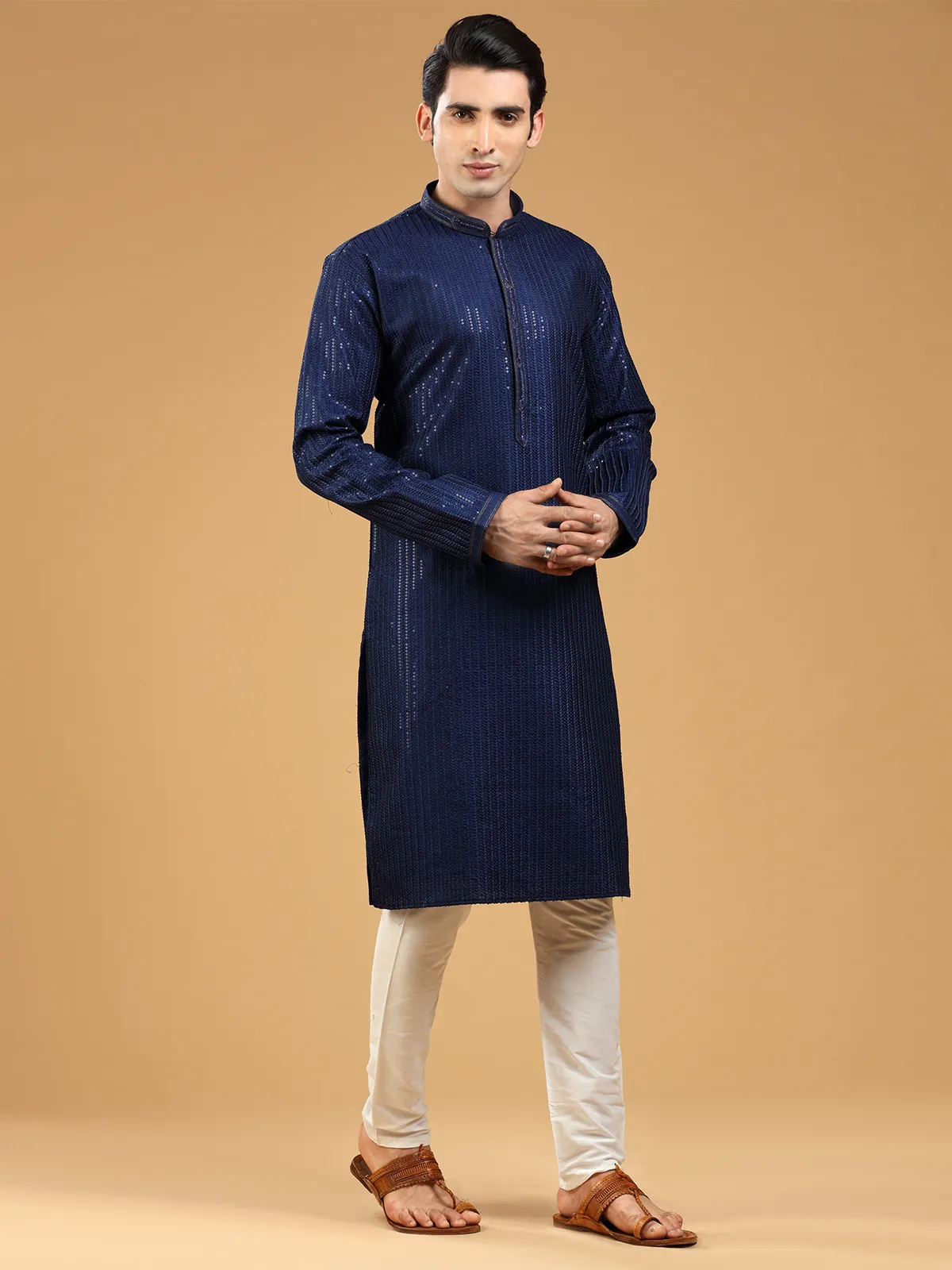 Georgette navy  Men Kurta pajama with embroidery