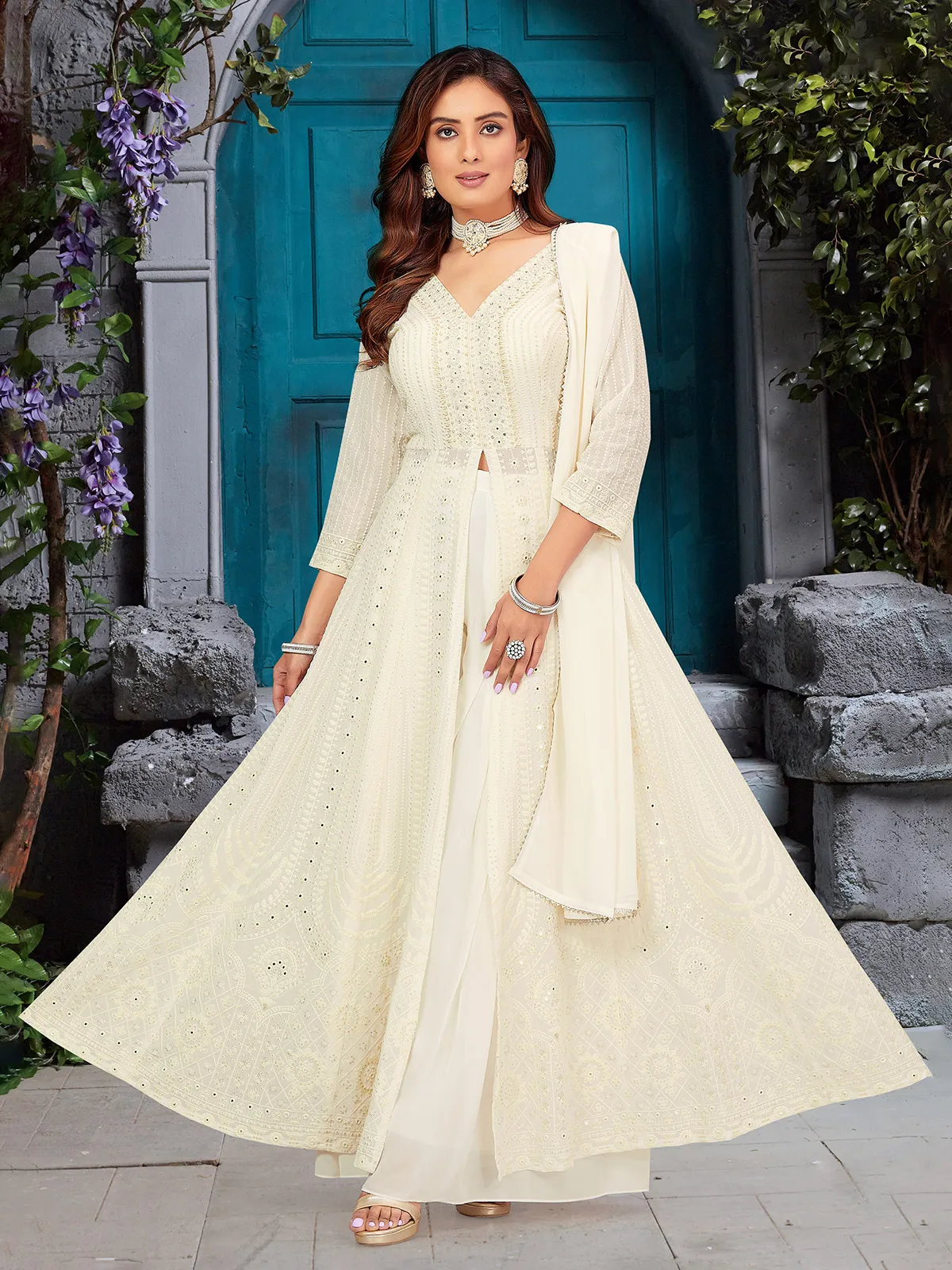 Georgette off-white embroidery palazzo suit