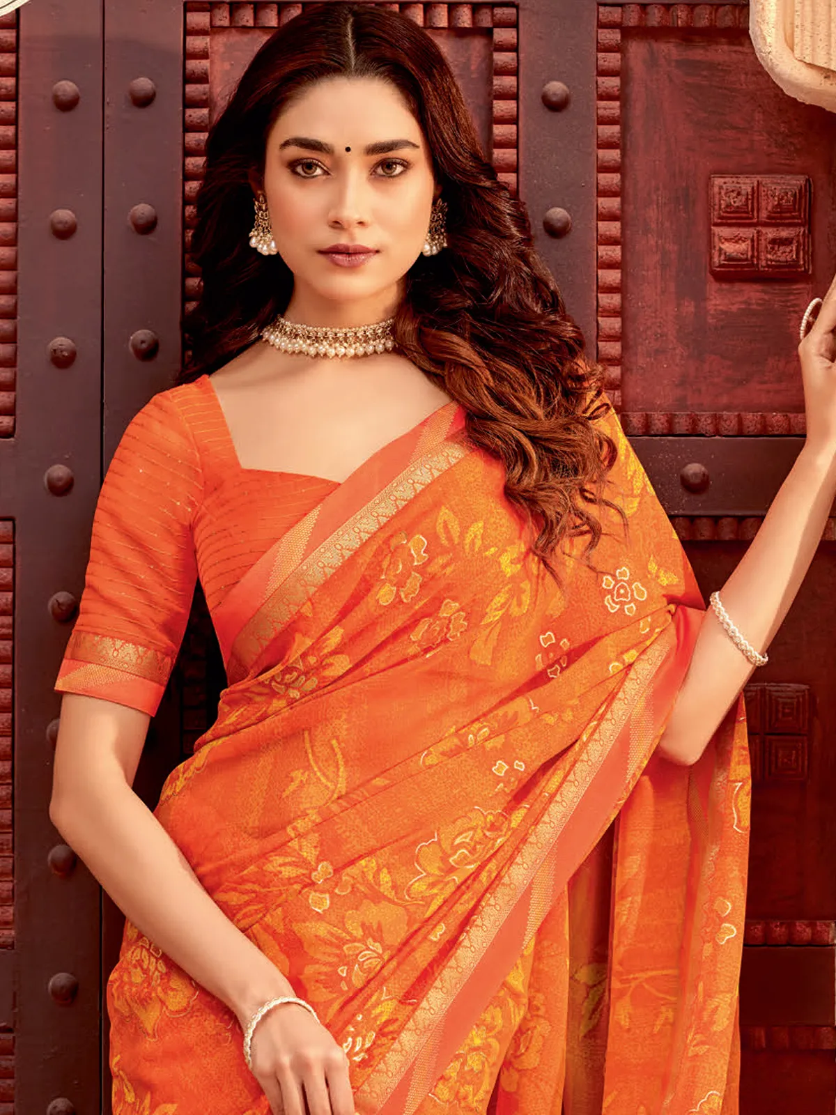 Georgette printed orange saree