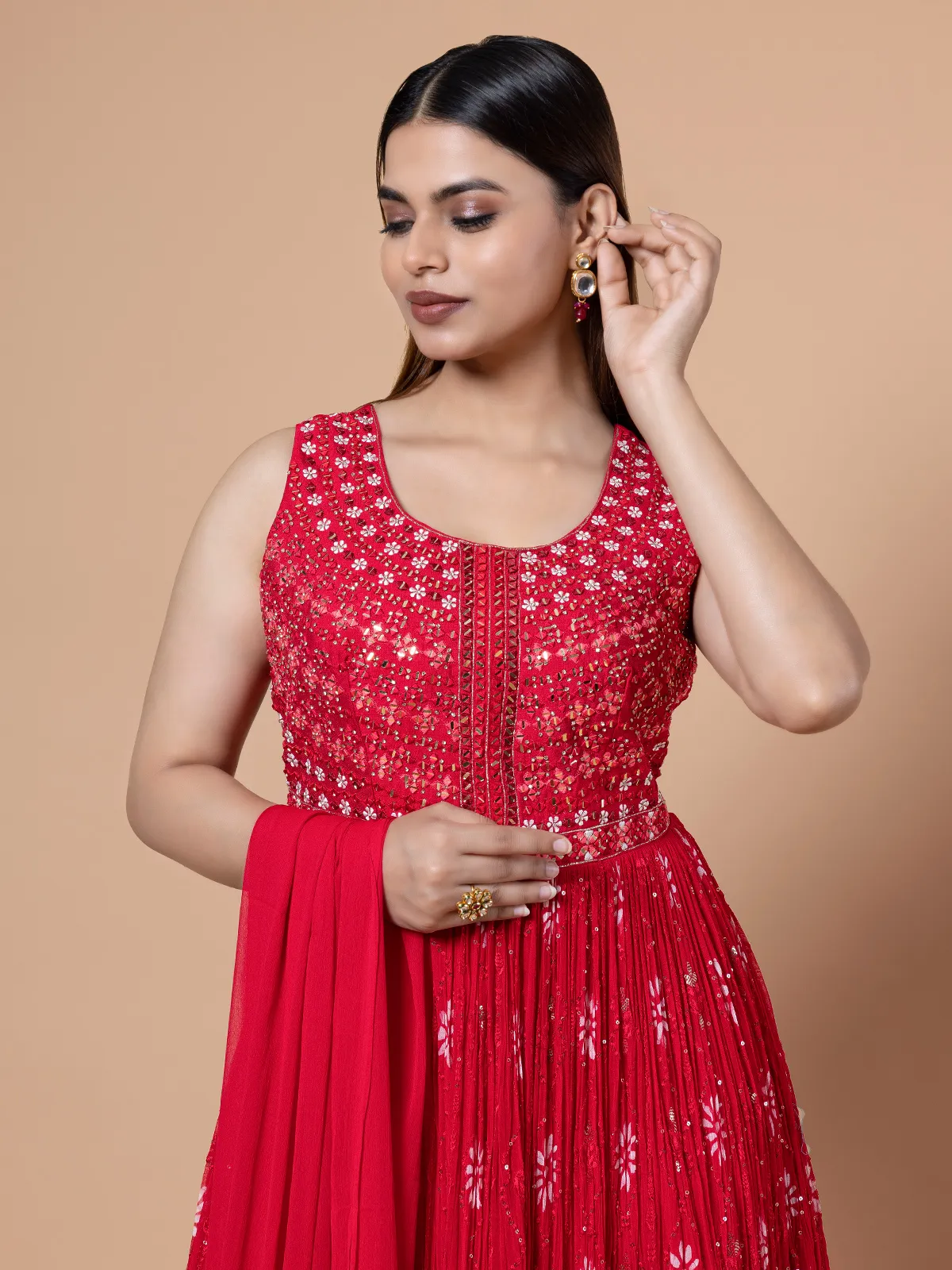 Georgette printed red anarkali suit