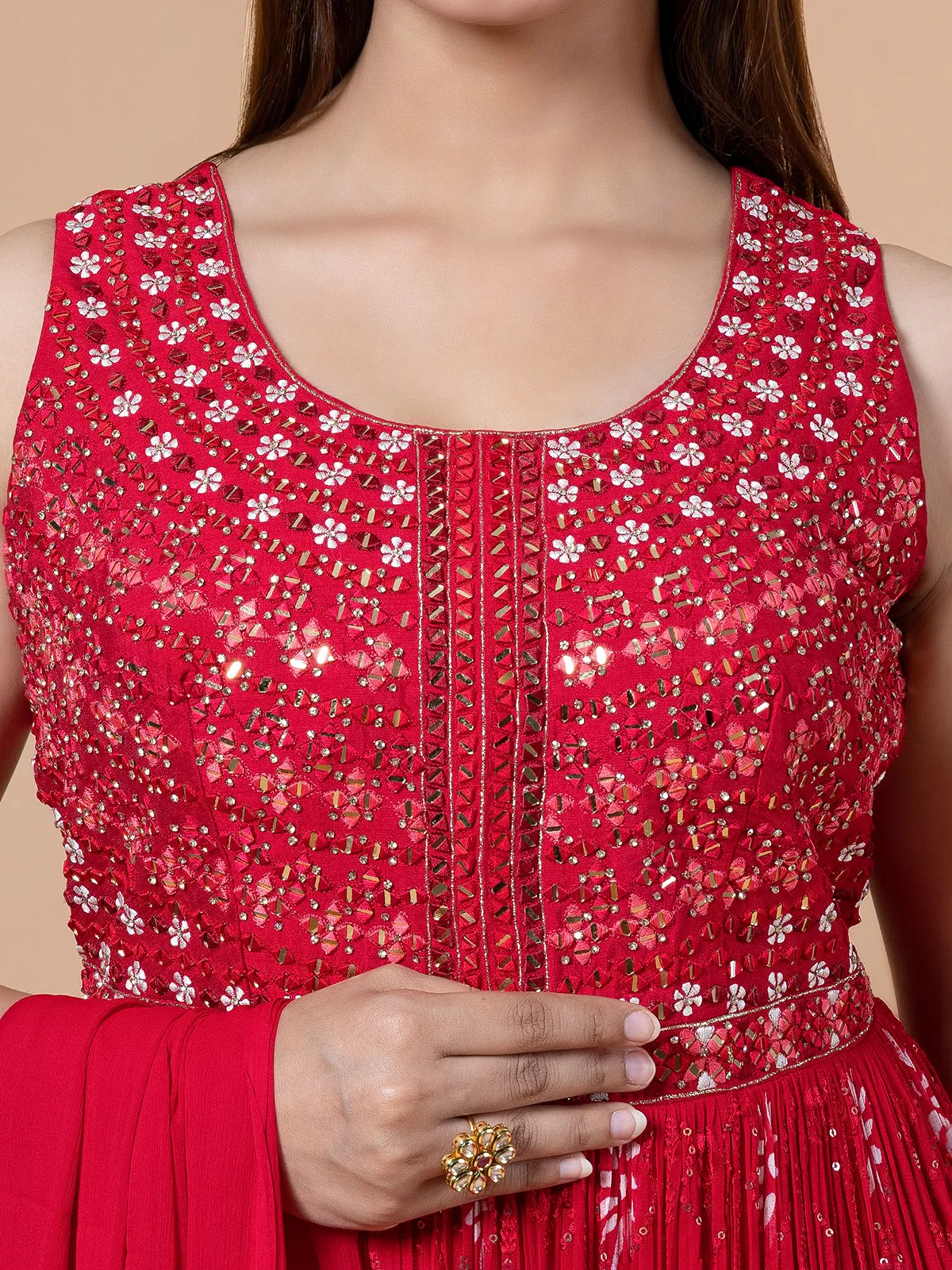 Georgette printed red anarkali suit