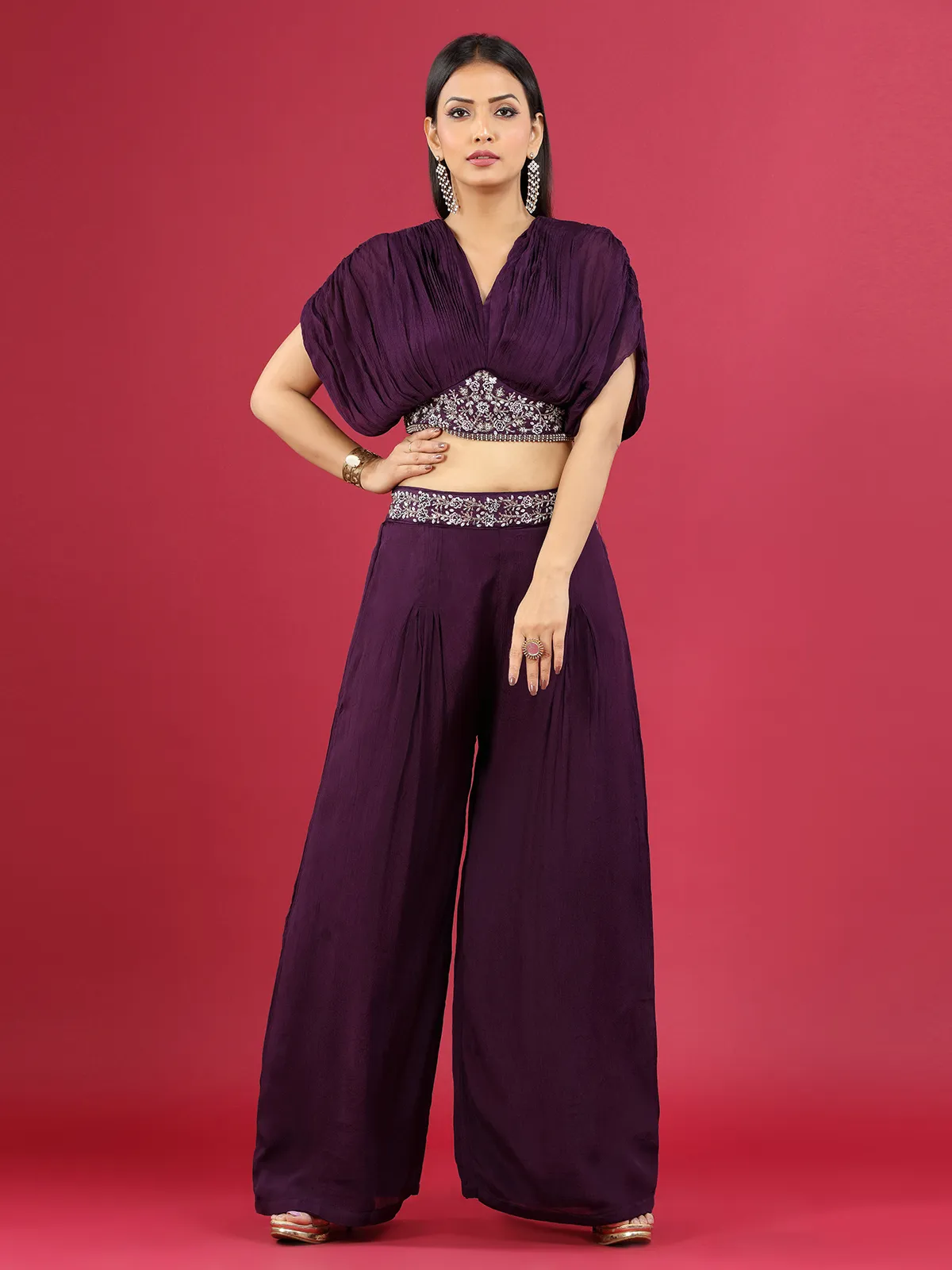 Georgette purple crop top with palazzo