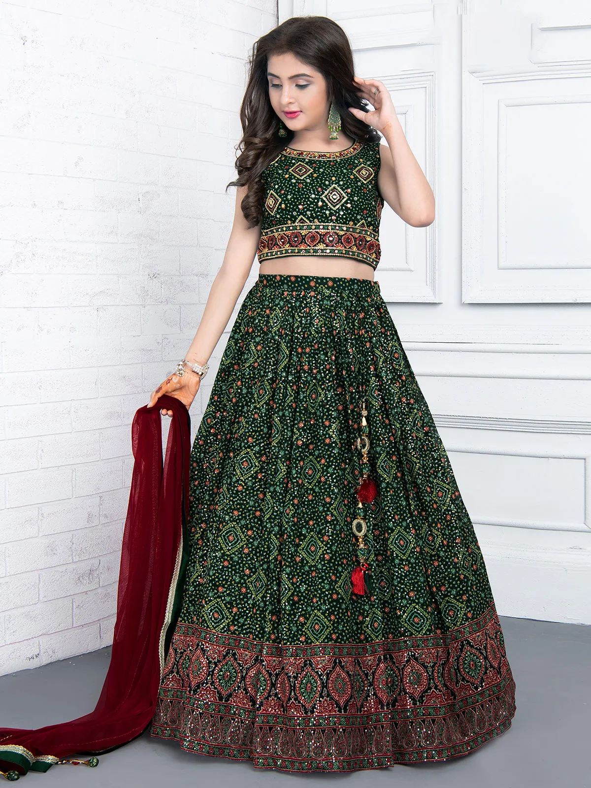 Georgette wedding look lehenga choli in dark green