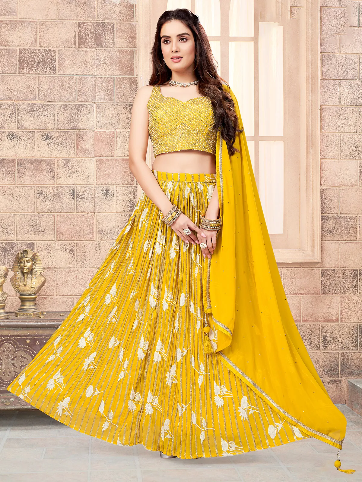 Georgette yellow lehenga choli for haldi