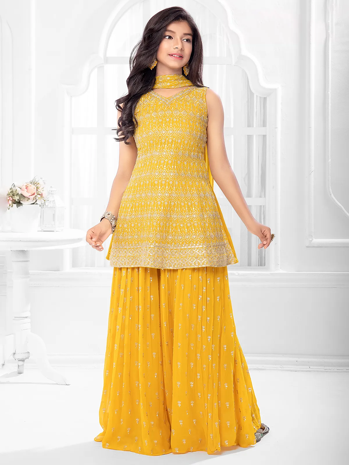 Georgette yellow pakistani palazzo salwar suit