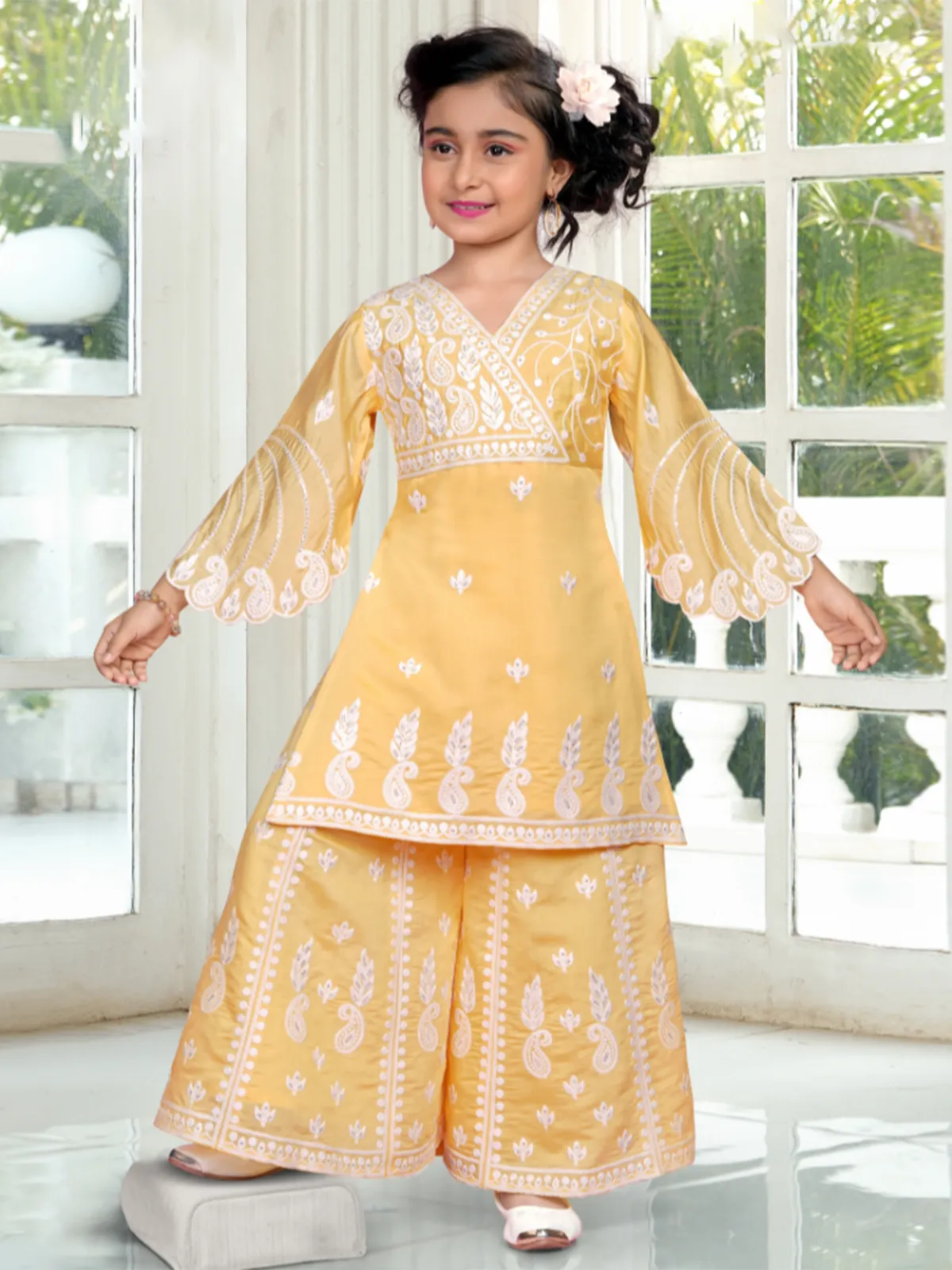 Girls yellow silk palazzo suit for fetive