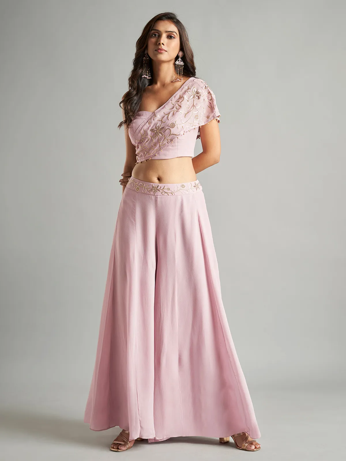 Glamorous light pink georgette palazzo set