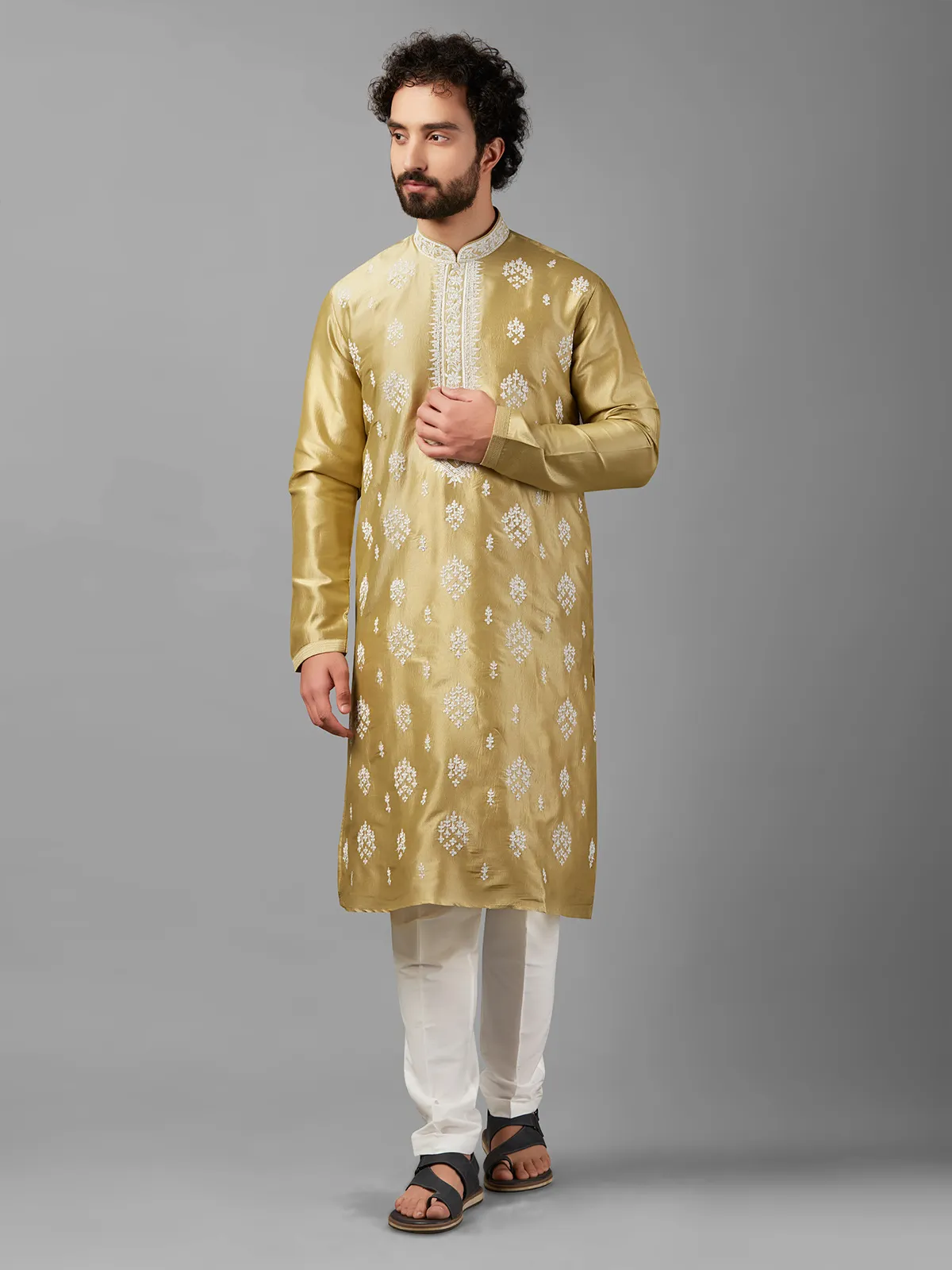 Gold color silk  Men Kurta pajama