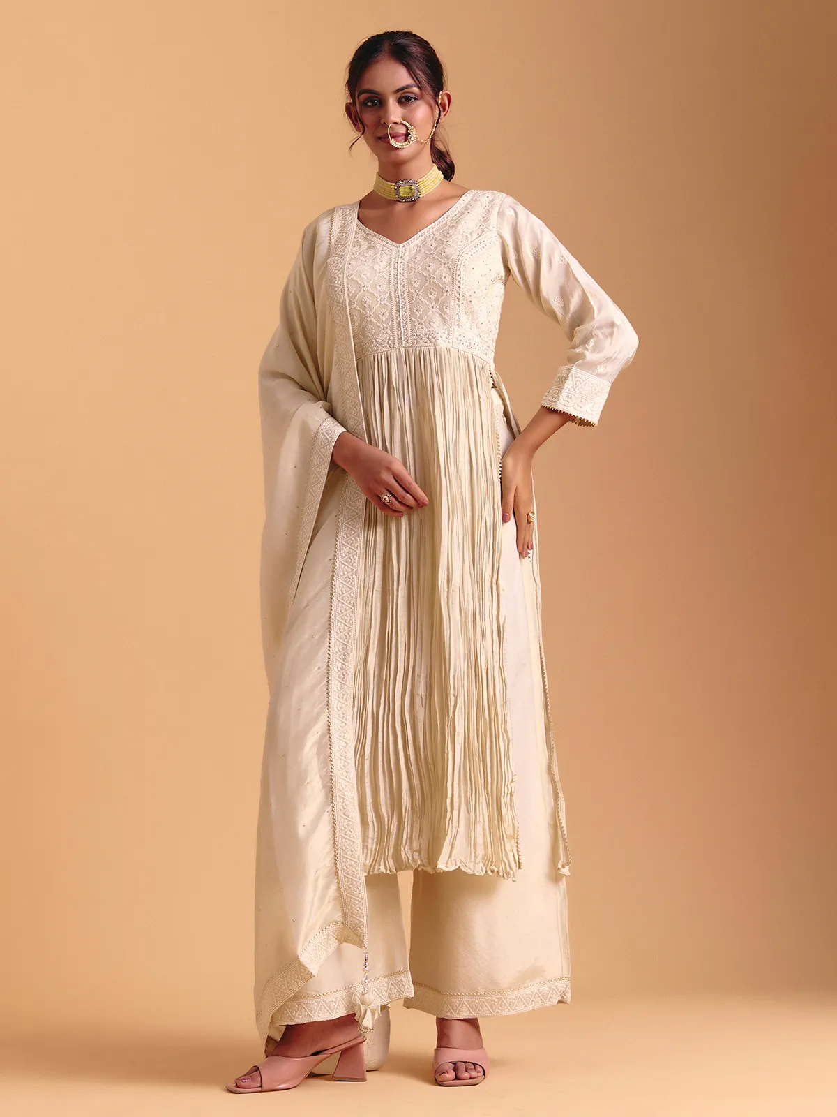 Cream cotton silk bodic style palazzo suit with dupatta