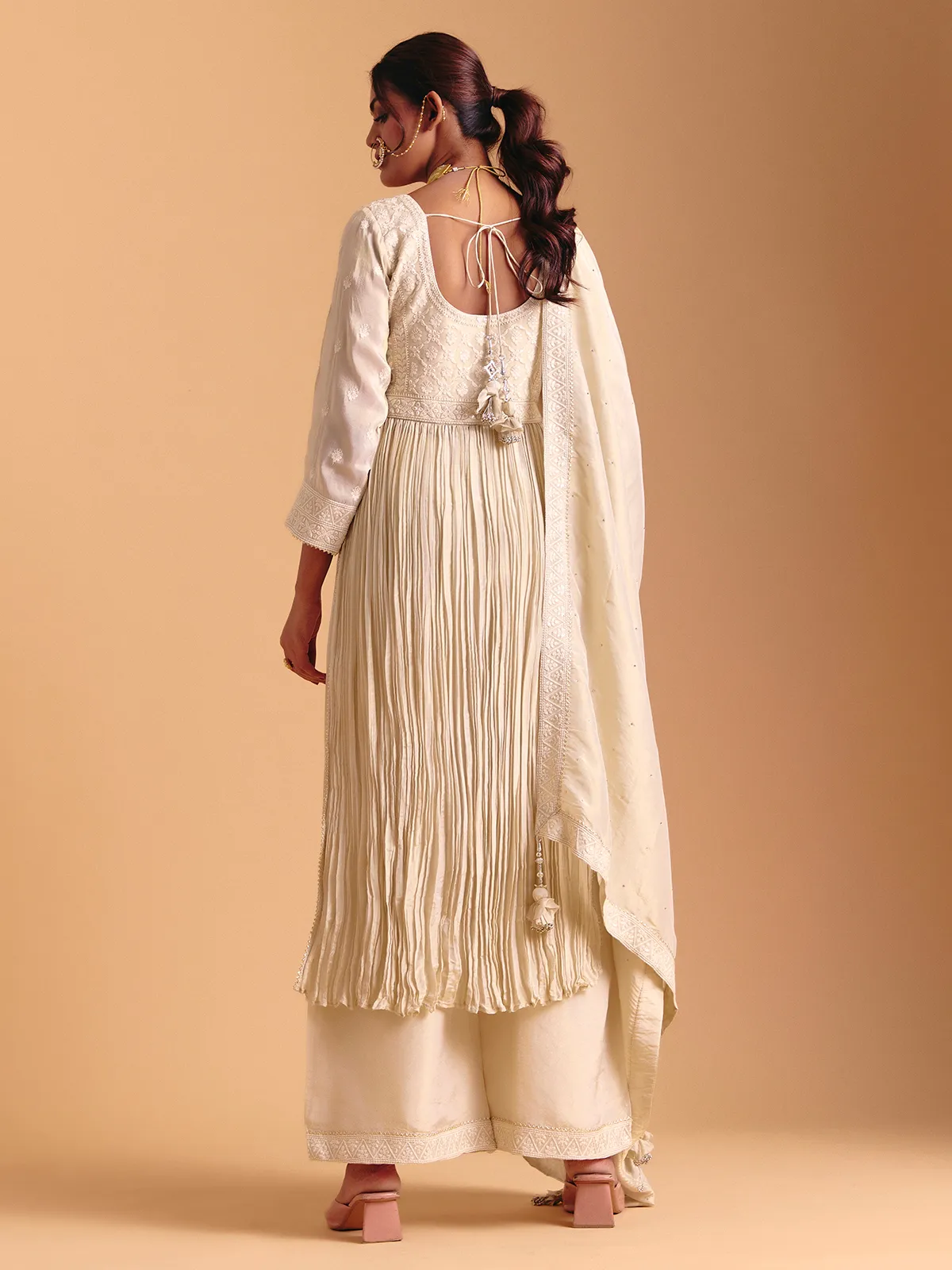 Cream cotton silk bodic style palazzo suit with dupatta