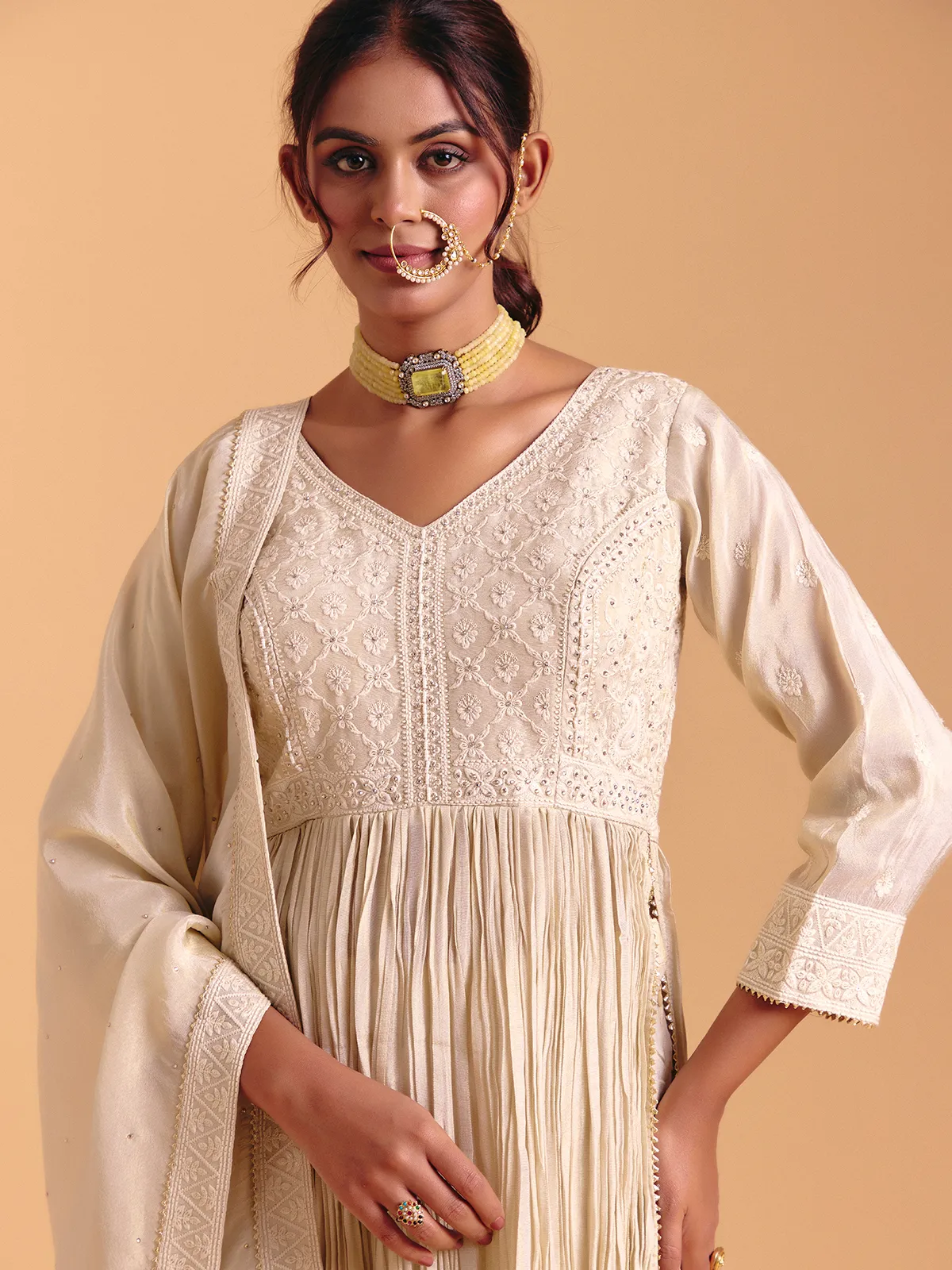 Cream cotton silk bodic style palazzo suit with dupatta
