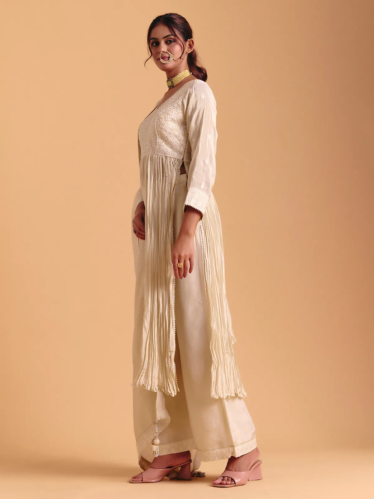 Cream cotton silk bodic style palazzo suit with dupatta