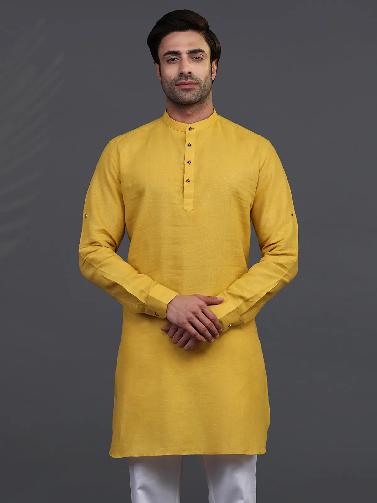 Gold linen half buttoned placket mens kurta