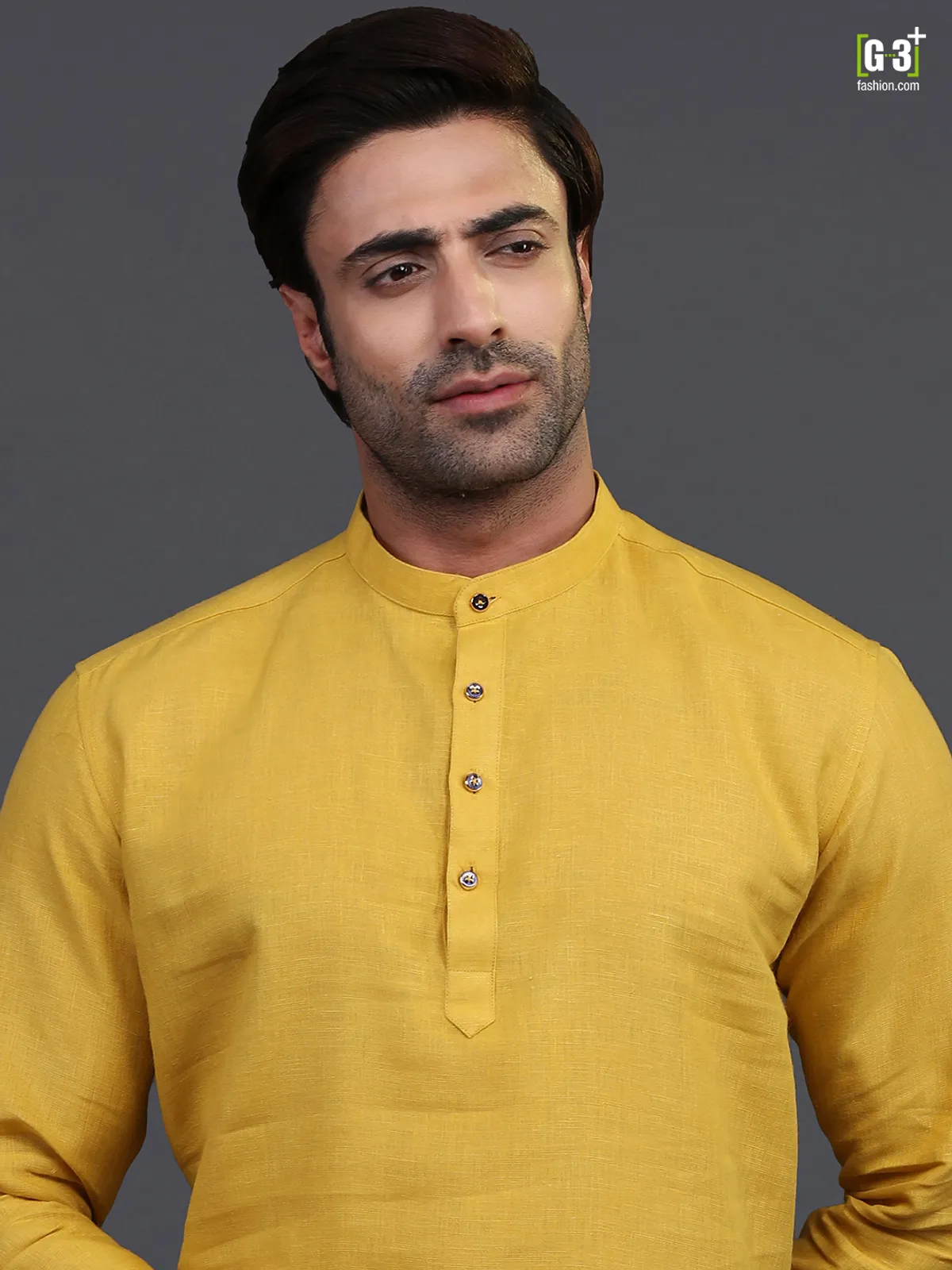 Gold linen half buttoned placket mens kurta