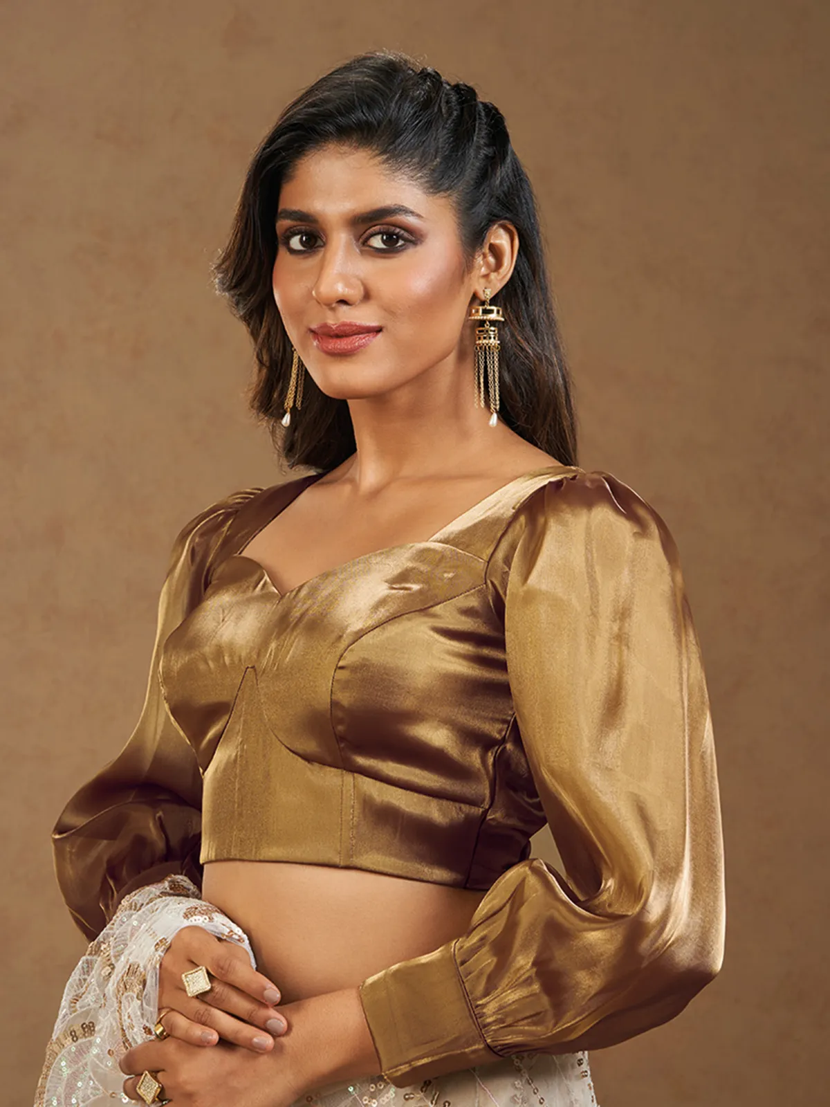 Gold silk full sleeves blouse