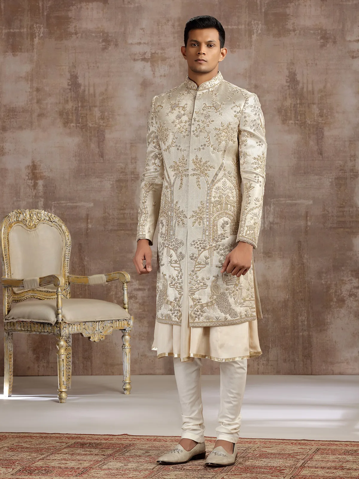 Gold silk peshwai sherwani with classic craftsmanship