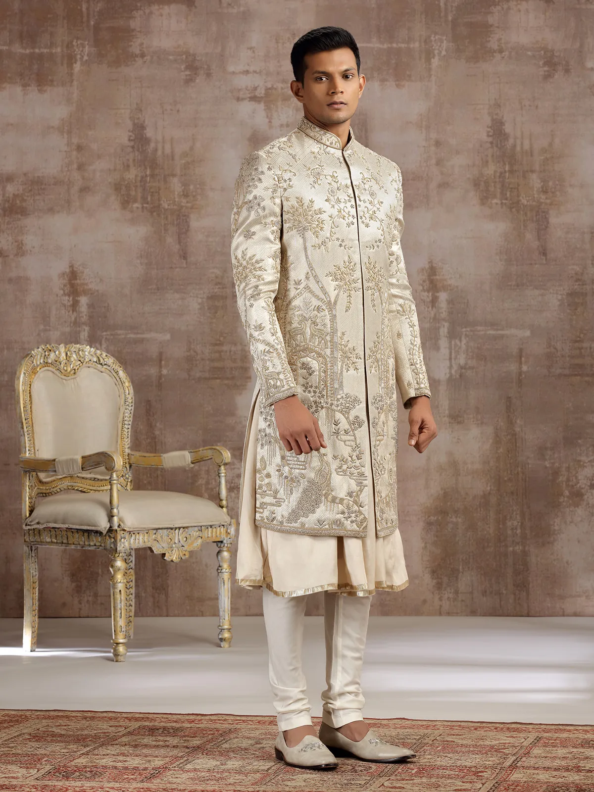 Gold silk peshwai sherwani with classic craftsmanship