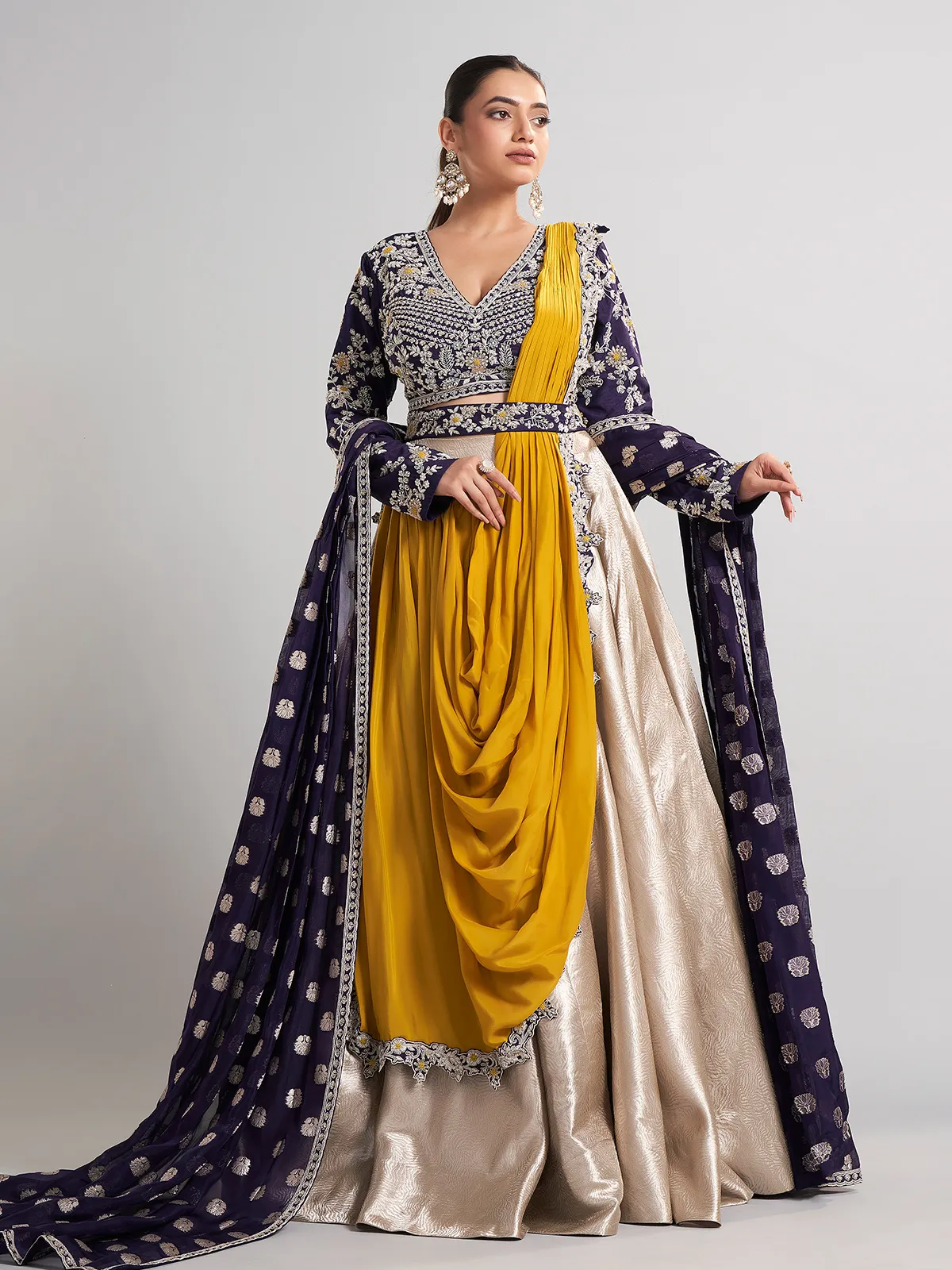 Golden And Purple Lehenga Choli With Attached Dupatta Golden And Purple Lehenga Choli With Attached Dupatta