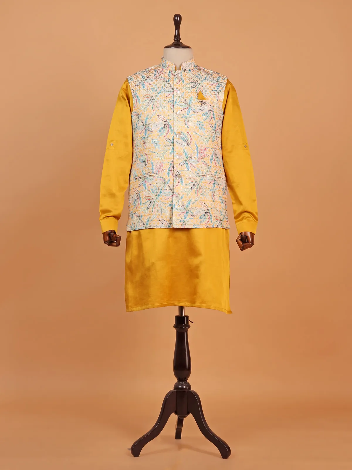 Golden yellow silk printed waistcoat set for men