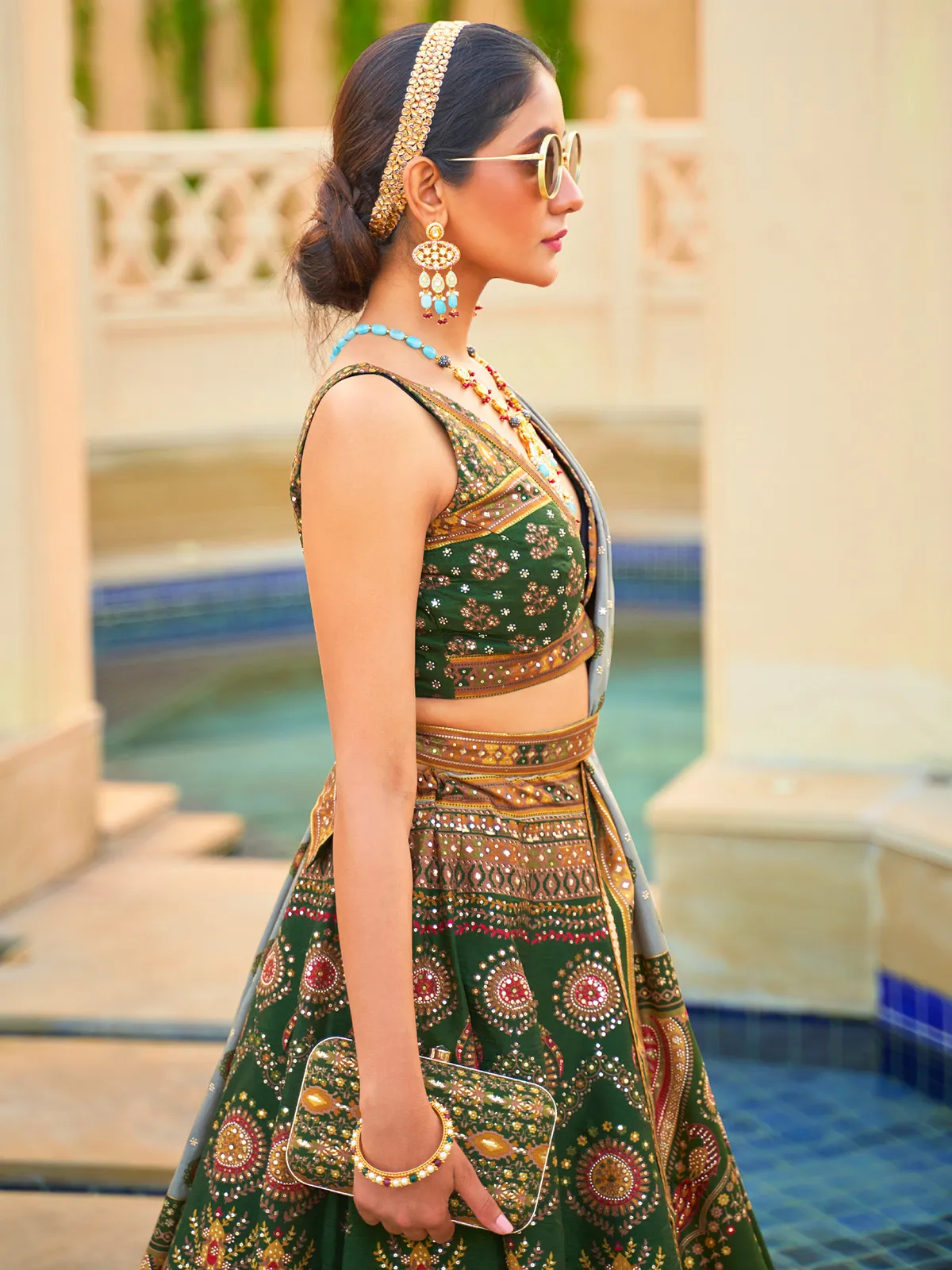 Gorgeous dark green lehenga choli in silk