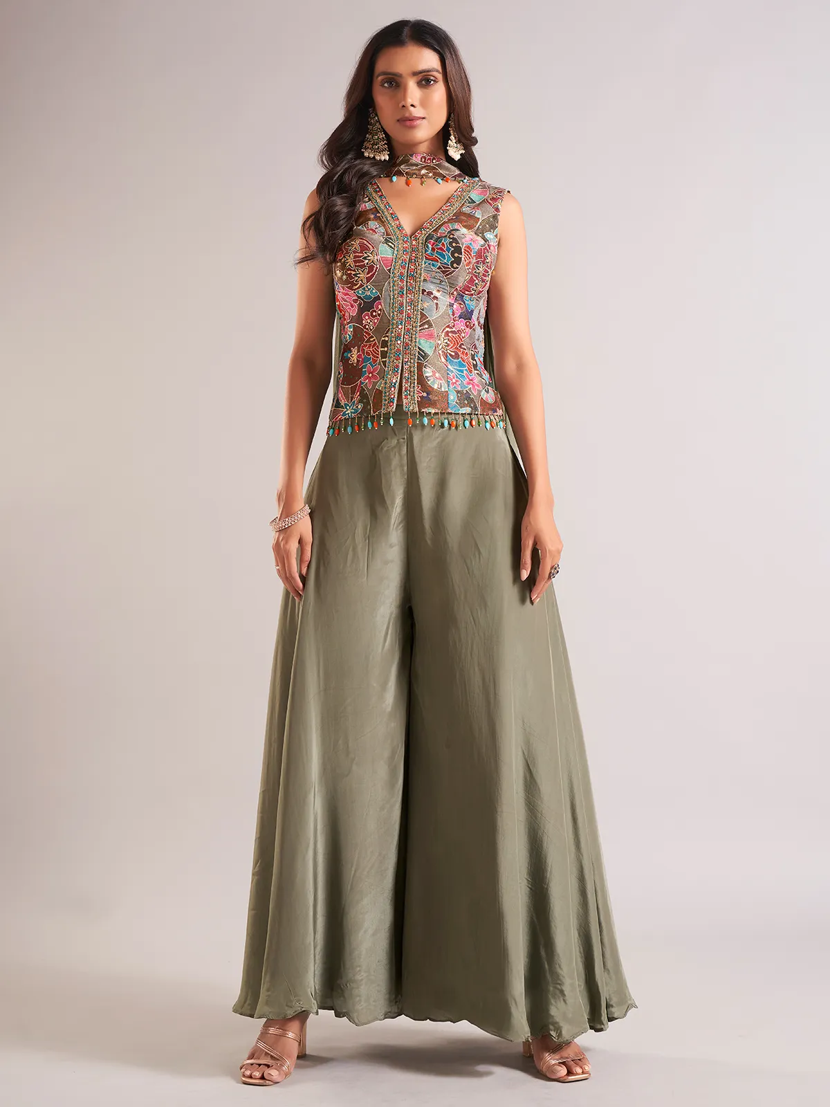 Gorgeous olive silk palazzo salwar suit