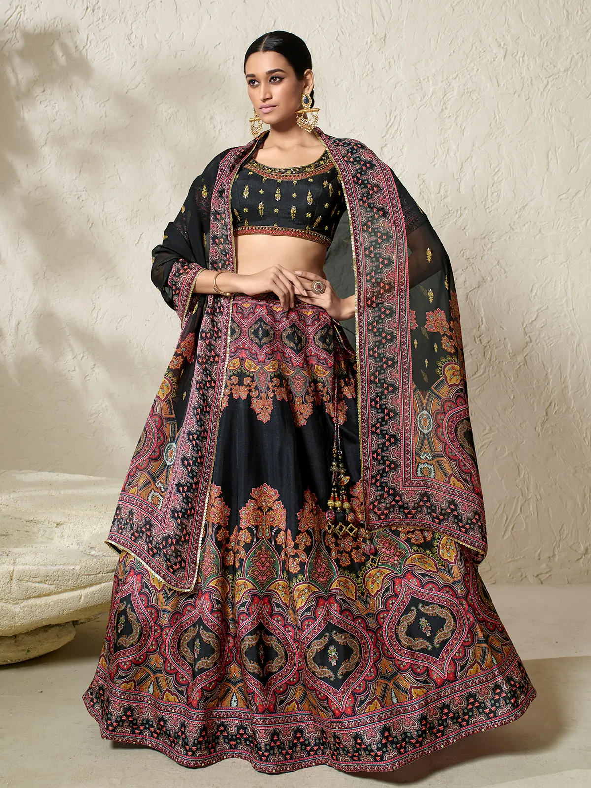 Gorgeous printed black silk lehenga choli