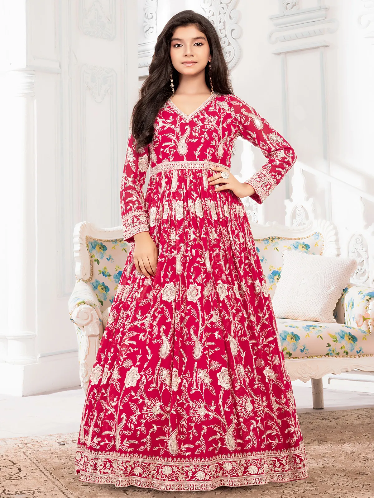 Gorgeous red georgette gown for girls