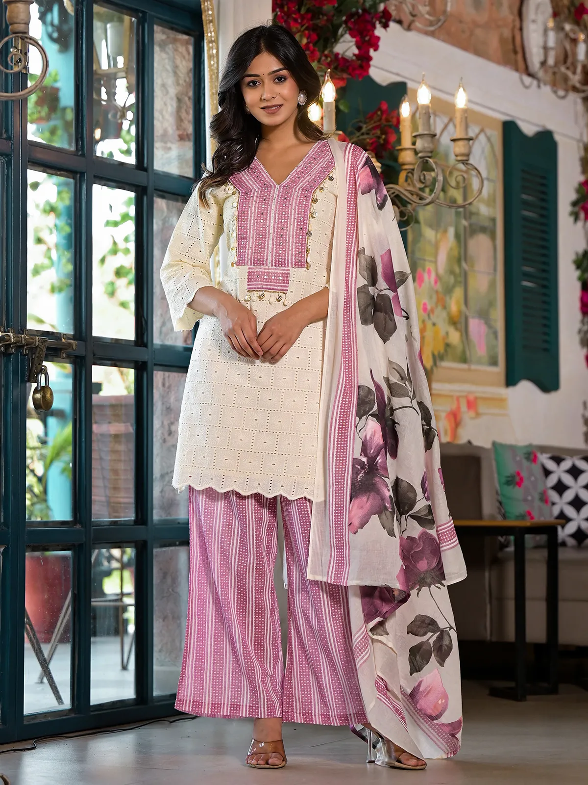 Gorgeous white and pink kurti set with dupatta