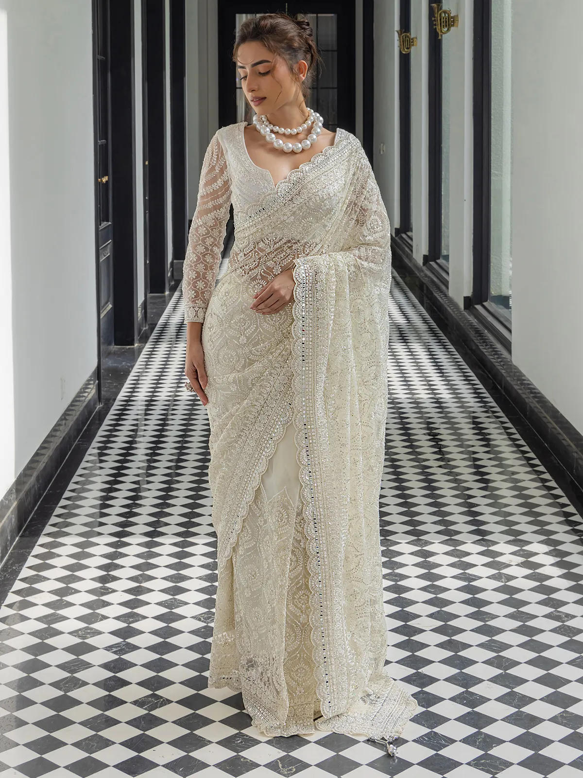 Gorgeous white net saree for wedding